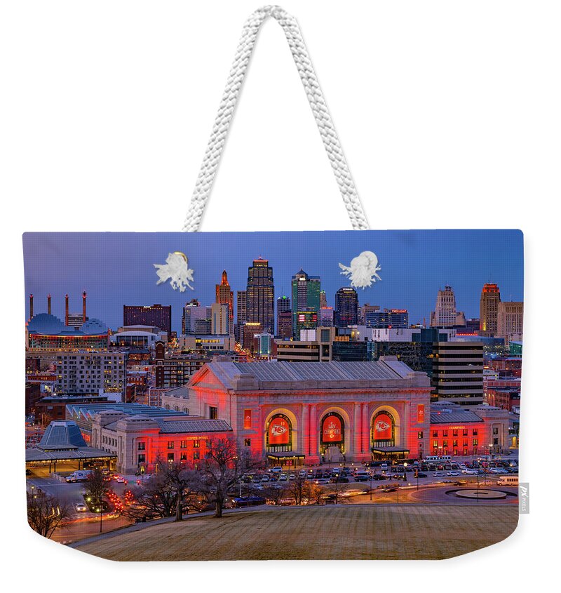 Kansas City Chiefs Weekender Tote Bag featuring the photograph Kansas City Skyline of Champions by Gregory Ballos