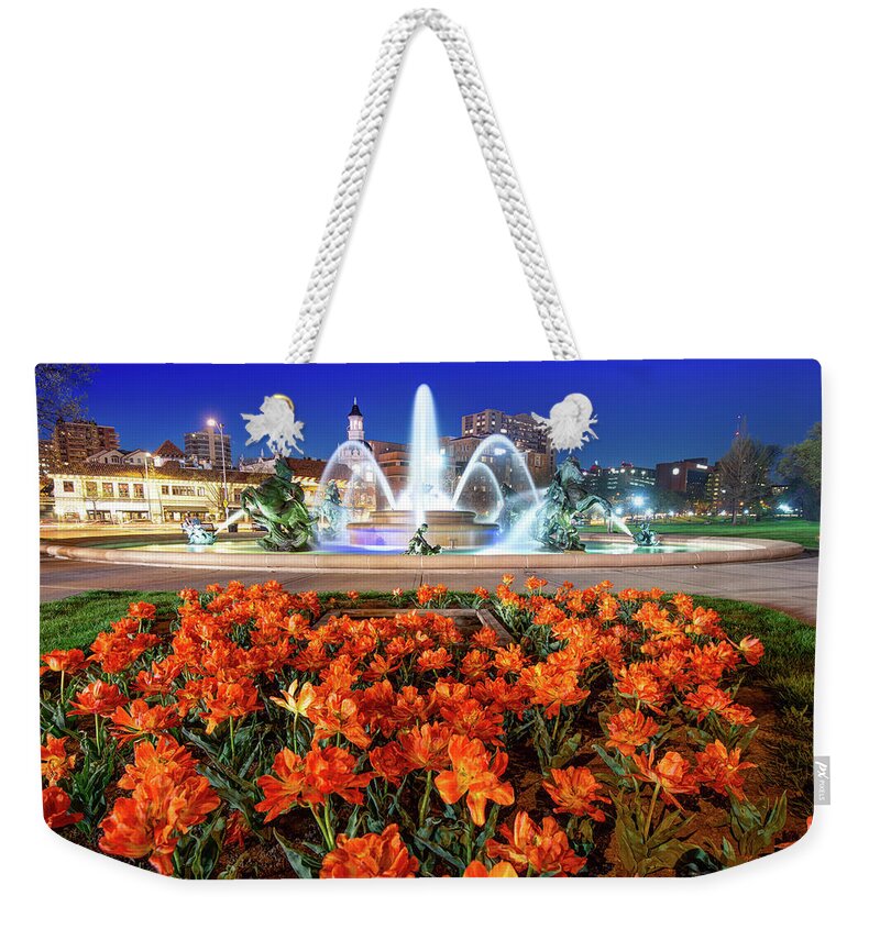 America Weekender Tote Bag featuring the photograph Kansas City's J.C. Nichols Fountain Over Spring Bloom by Gregory Ballos