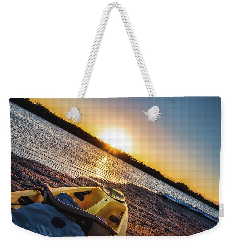 Florida Weekender Tote Bag featuring the photograph Kayak at Tiger Tail Beach Sunset Florida by Dee Potter