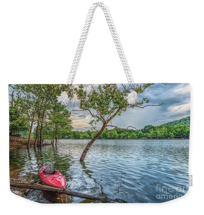 Ozarks Weekender Tote Bag featuring the photograph Kayak Floating On Table Rock Lake by Jennifer White