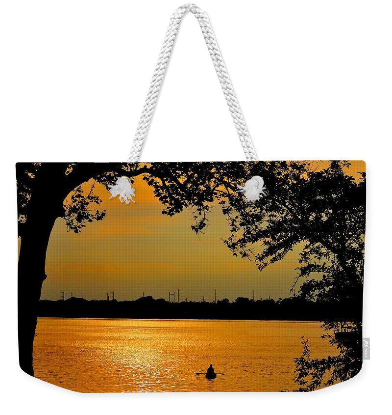 Kayak Weekender Tote Bag featuring the photograph Kayaking on the Delaware at Sundown by Linda Stern