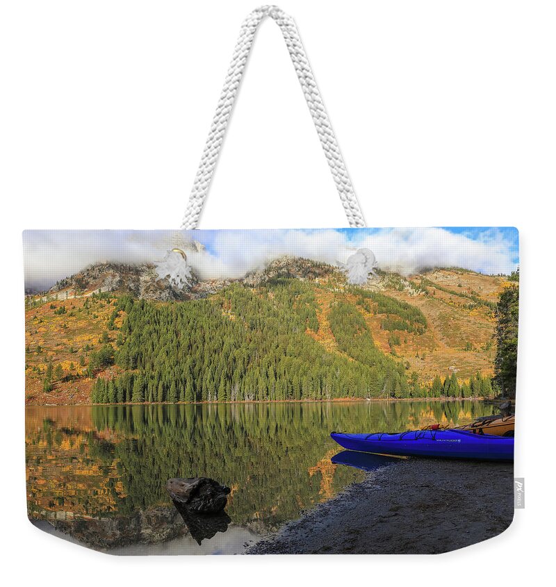 Kayaks On String Lake Weekender Tote Bag featuring the photograph Kayaks On String Lake by Dan Sproul
