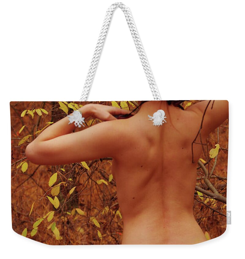 Nude Female Fall Forest Nymph Weekender Tote Bag featuring the photograph Kazn1101 by Henry Butz