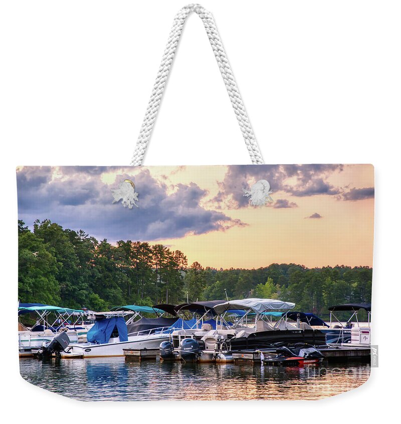 Sunset Weekender Tote Bag featuring the photograph Keowee Key Sunset Marina by Amy Dundon