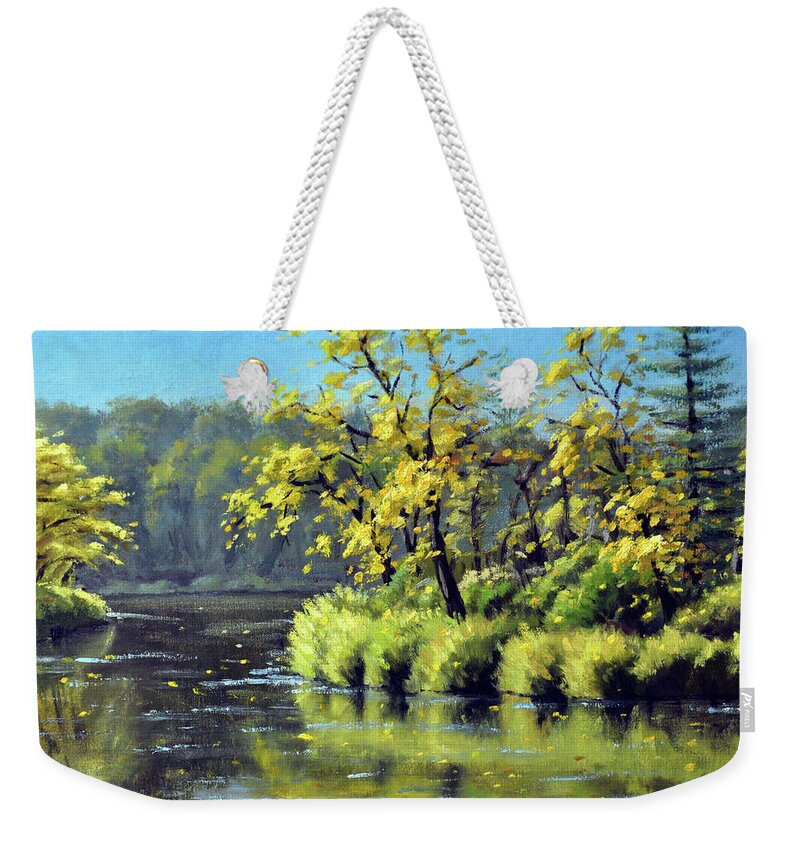 Landscape Weekender Tote Bag featuring the painting Kettle River Reflections by Rick Hansen