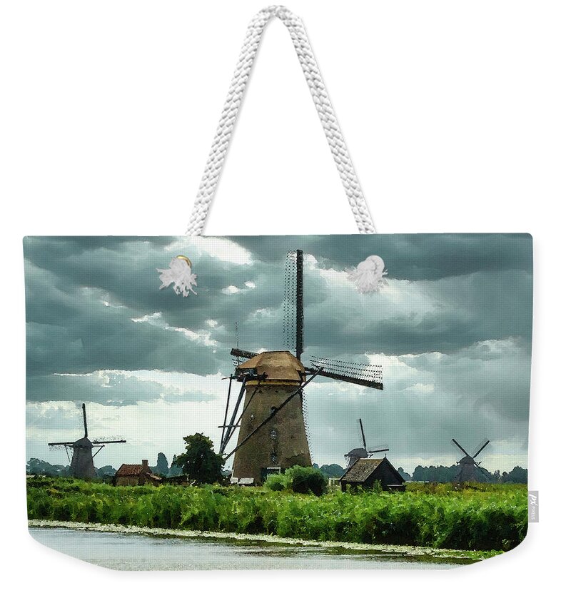 Kinderdijk Weekender Tote Bag featuring the digital art Kinderdijk Windmills, Watercolor on Sandstone by Ron Long Ltd Photography