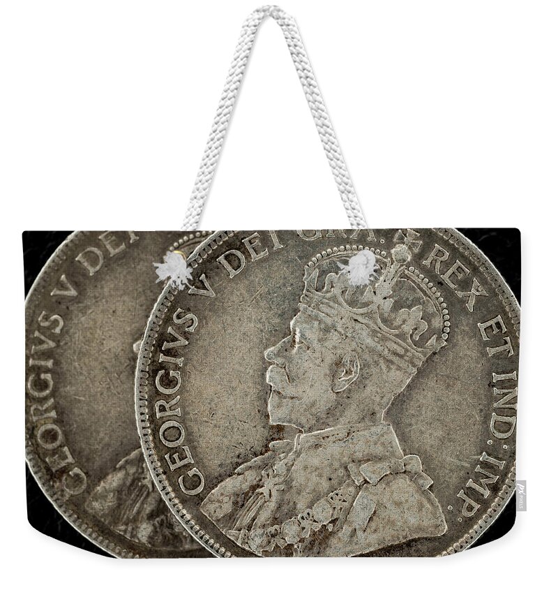 Coin Weekender Tote Bag featuring the photograph King George Canadian Coin by Amelia Pearn