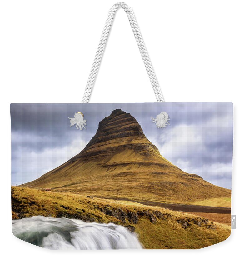 Kirkjufellfoss Weekender Tote Bag featuring the photograph Kirkjufell mountain and Kirkjufellfoss waterfall, Snaefellsnes p by Jane Rix