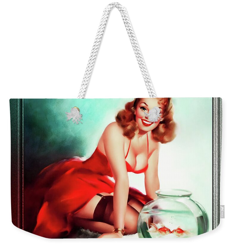 Kissing Fish Weekender Tote Bag featuring the painting Kissing Fish by Edward Runci Vintage Pin-Up Girl Art by Rolando Burbon