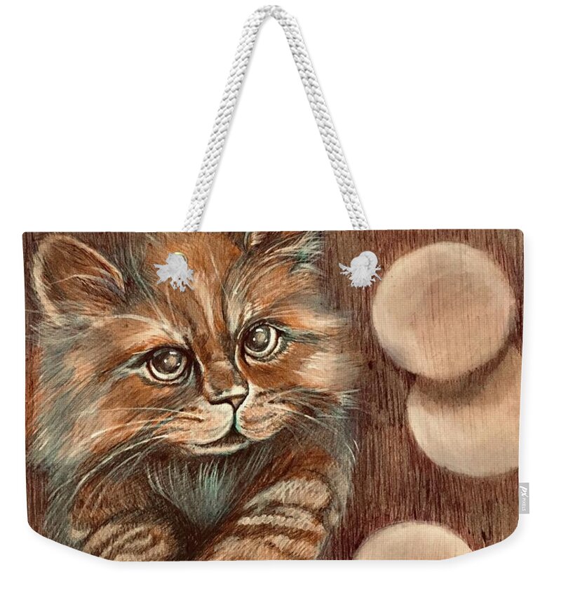 Bubbles Weekender Tote Bag featuring the drawing Kitten and bubbles by Lana Sylber