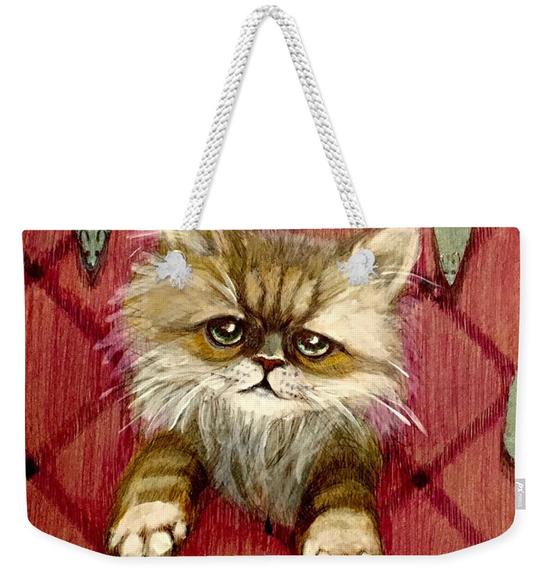 Kitten Weekender Tote Bag featuring the drawing Kitten and mouse by Lana Sylber