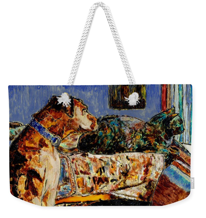 Dog Weekender Tote Bag featuring the painting Kitty the dog and Tempest the cat by Phil Strang