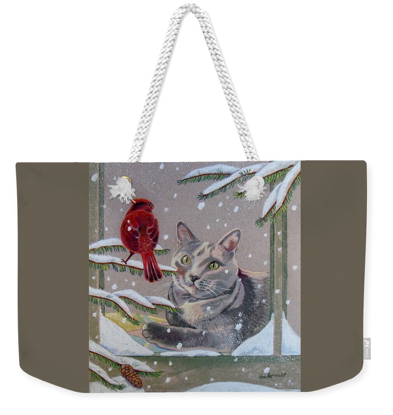 Christmas Weekender Tote Bag featuring the pastel Kitty's View by Shirley Galbrecht