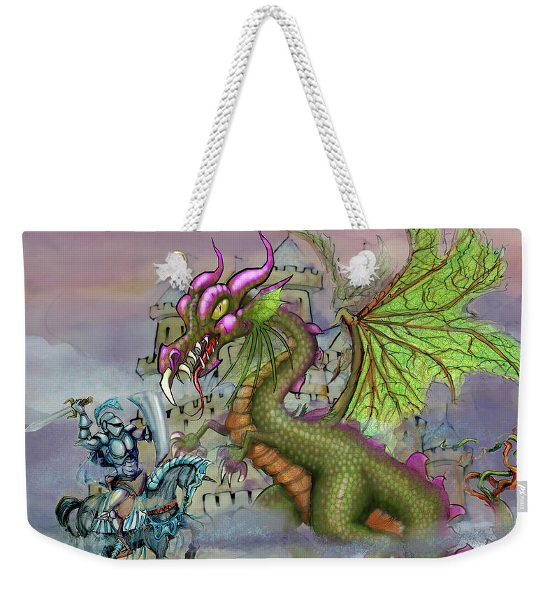 Knight Weekender Tote Bag featuring the digital art Knight n Dragon n Castle by Kevin Middleton
