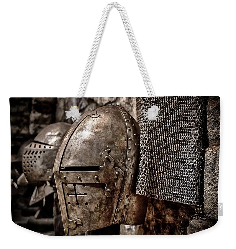 Knight Weekender Tote Bag featuring the photograph Knights Helmets by Scott Wyatt