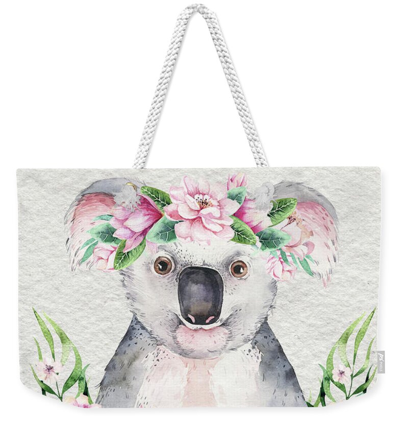 Koala Weekender Tote Bag featuring the painting Koala With Flowers by Nursery Art