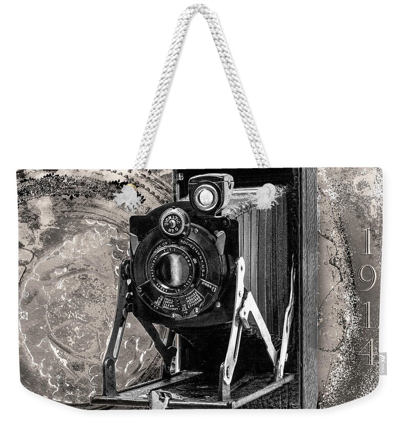 Kodak Weekender Tote Bag featuring the digital art Kodak No. 1a Autographic Pocket Series II - Black And White by Anthony Ellis