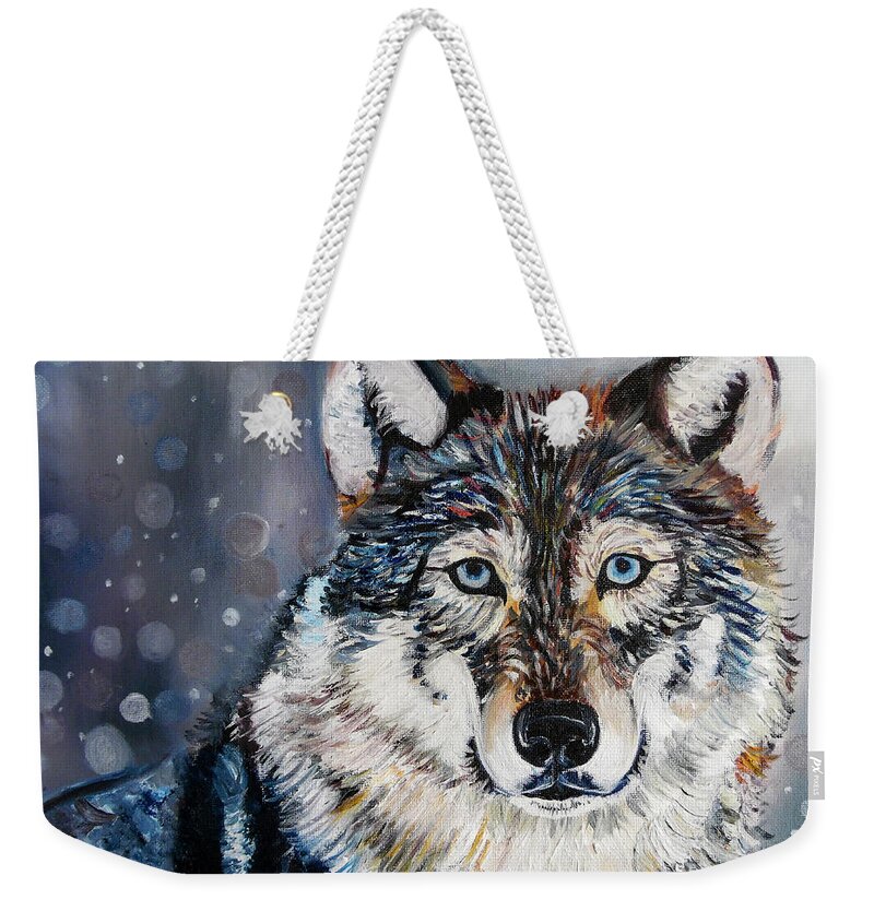 Wolf Weekender Tote Bag featuring the painting Kodiak Wolf by Rowan Lyford