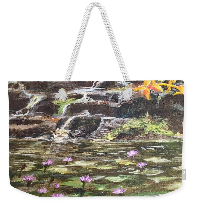 Koi Weekender Tote Bag featuring the painting Koi Pond in Hawaii by Charme Curtin