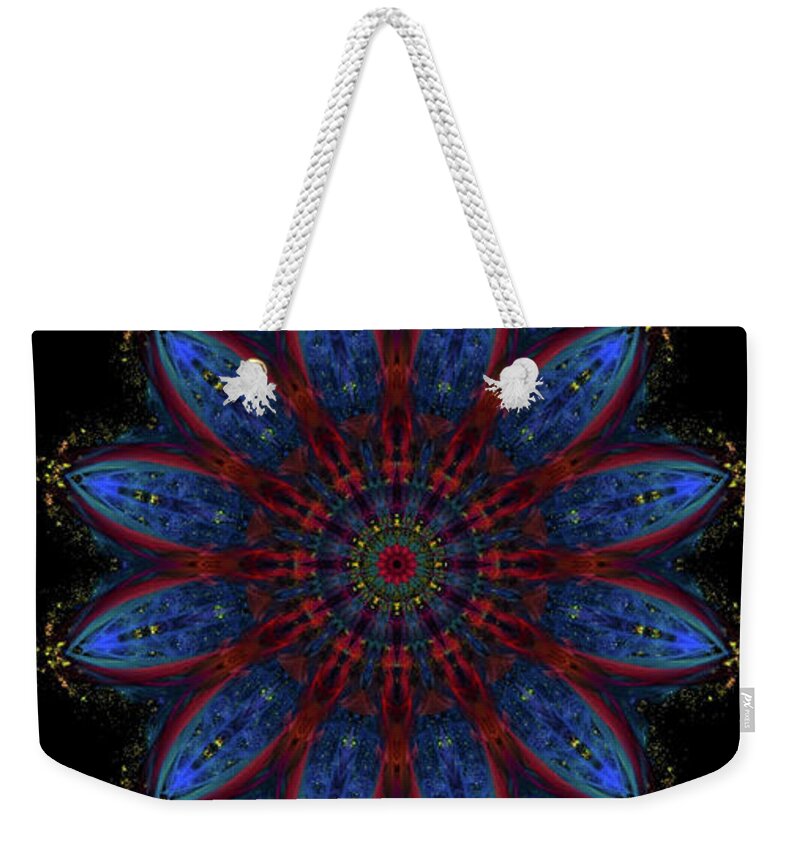 Kosmic Blue Ice Burst Mandala Is A Beautiful And Intricate Design Featuring A Vibrant Blue Palette With A Dazzling Array Of Colors. The Mandala Features A Repeating Pattern Of Circles And Lines Weekender Tote Bag featuring the digital art Kosmic Blue Ice Burst Mandala by Michael Canteen