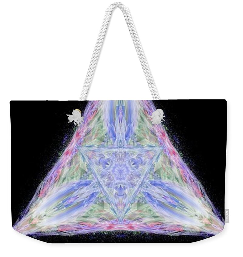 The Kosmic Kreation Pyramid Of Light Is A Digital Mandala Created By Michael Canteen. It Is A Complex And Intricate Geometric Design That Is Said To Represent The Journey Of Self-illumination. The Mandala Is Made Up Of Several Interwoven Elements Weekender Tote Bag featuring the digital art Kosmic Kreation Pyramid of Light by Michael Canteen