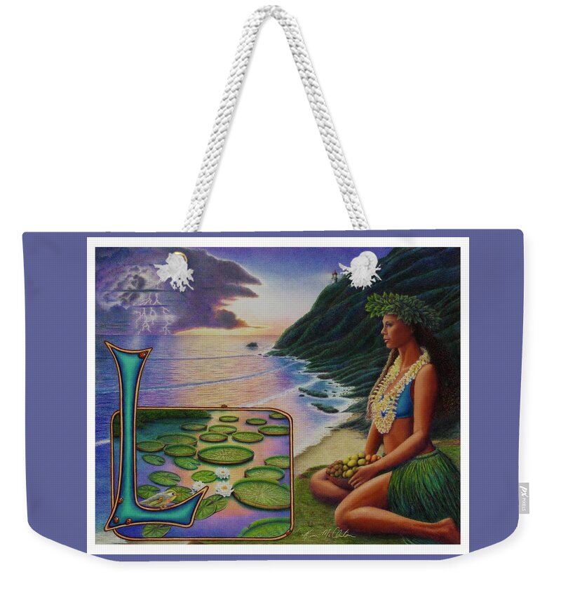 Kim Mcclinton Weekender Tote Bag featuring the drawing L is for Lei by Kim McClinton