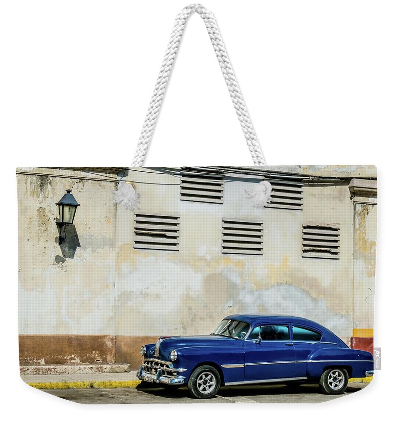 Cuba Weekender Tote Bag featuring the photograph La voiture bleue... Street photo, Havana. Cuba by Lie Yim