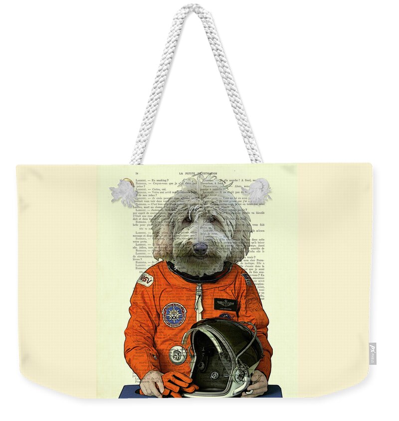 Space Themed Weekender Tote Bag featuring the mixed media Labradoodle astronaut, space animal dictionary art print by Madame Memento