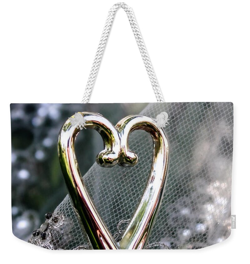Heart Weekender Tote Bag featuring the photograph Lace Veil and Gold Heart by W Craig Photography