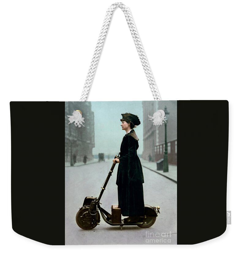 Scooter Weekender Tote Bag featuring the photograph Lady and the Scooter in 1916 by Franchi Torres