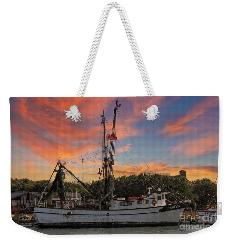 Lady Eva Weekender Tote Bag featuring the photograph Lady Eva Shrimp Boat on Shem Creek at Sunset by Dale Powell