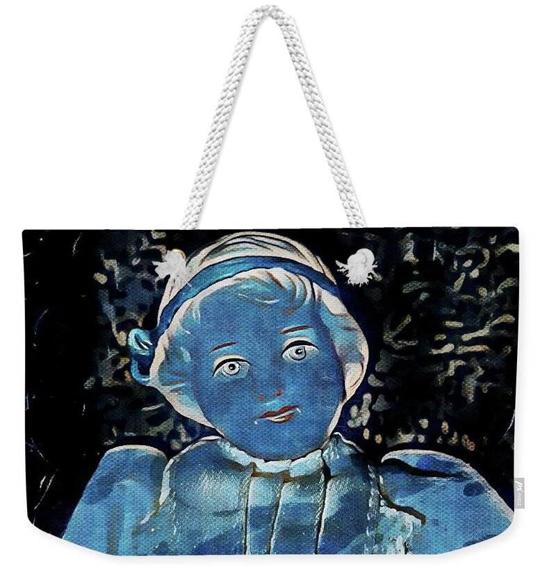 Antique Weekender Tote Bag featuring the mixed media Lady in Blue by Ally White