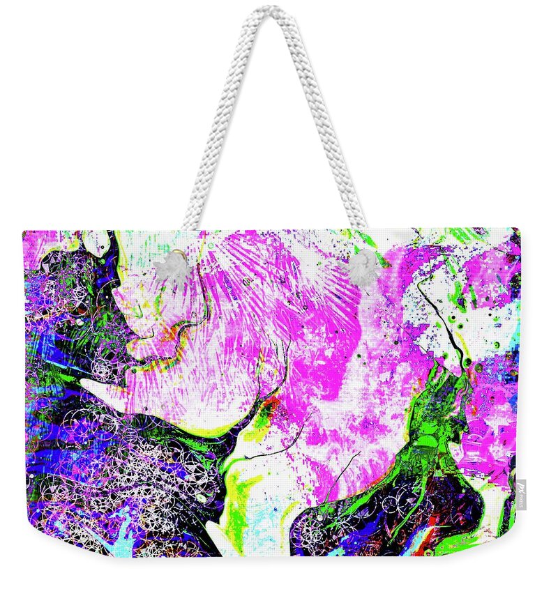 Abstract Lady Skirt Purple Green Turquoise White Leg Shirt Circles Black Palm Fronds Weekender Tote Bag featuring the digital art Lady in Purple Skirt Abstract by Kathleen Boyles