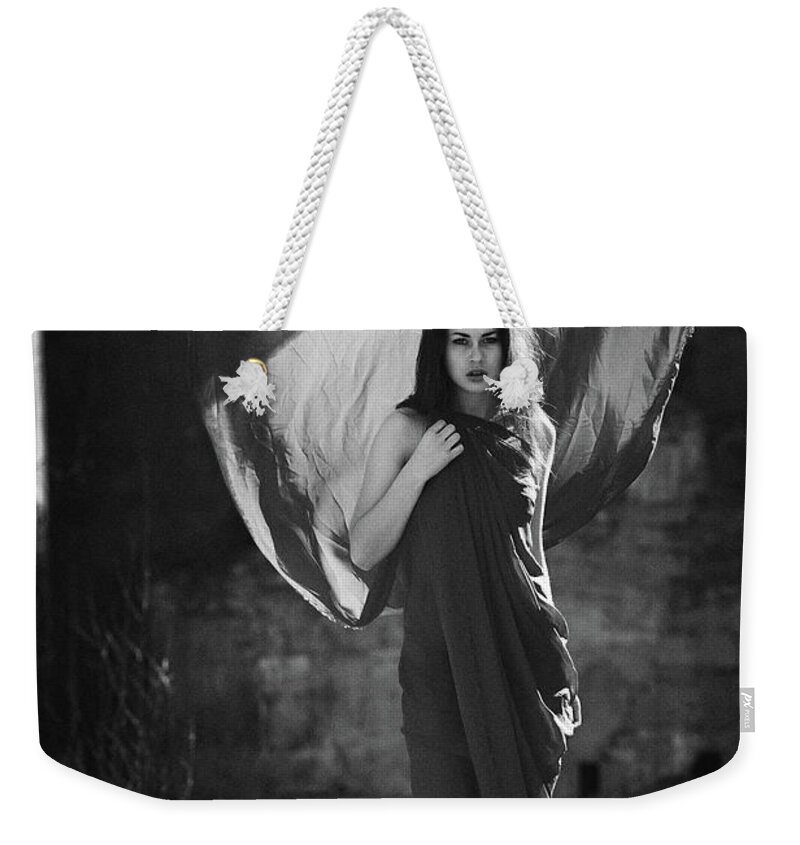 Russian Artist New Wave Weekender Tote Bag featuring the photograph Lady in Red in Desolate Place Monochrome by Vitaly Vachrushev