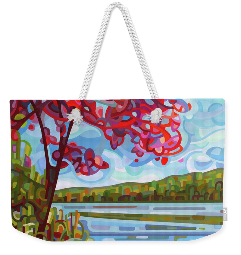 Fall. Red Maple Weekender Tote Bag featuring the painting Lady in Red by Mandy Budan