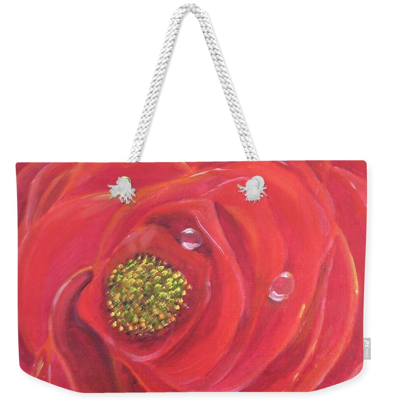 Red Rose Artwork Weekender Tote Bag featuring the painting Lady in Red Rose by Karen Jane Jones