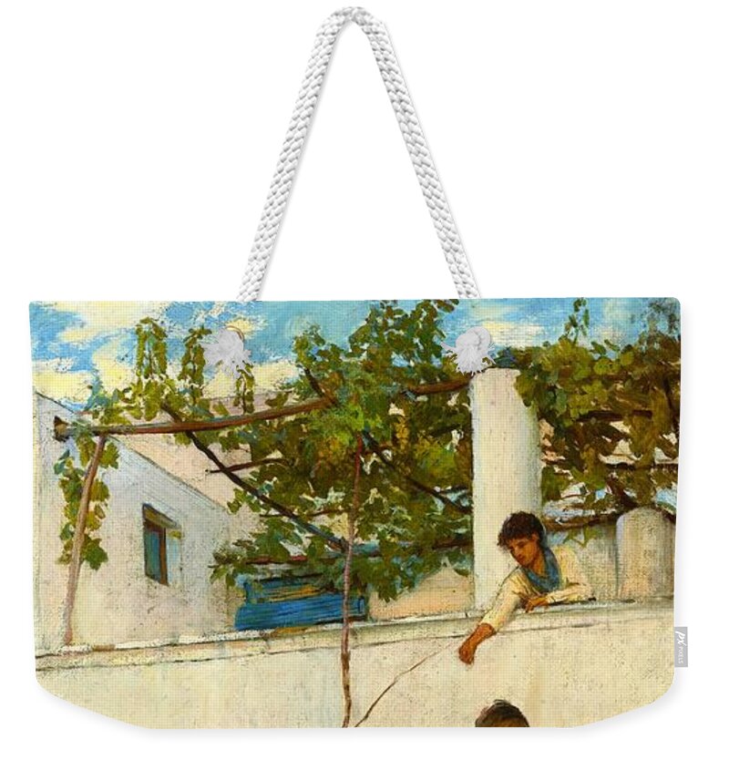 John William Waterhouse Weekender Tote Bag featuring the painting Lady on a Balcony in Capri by John William Waterhouse