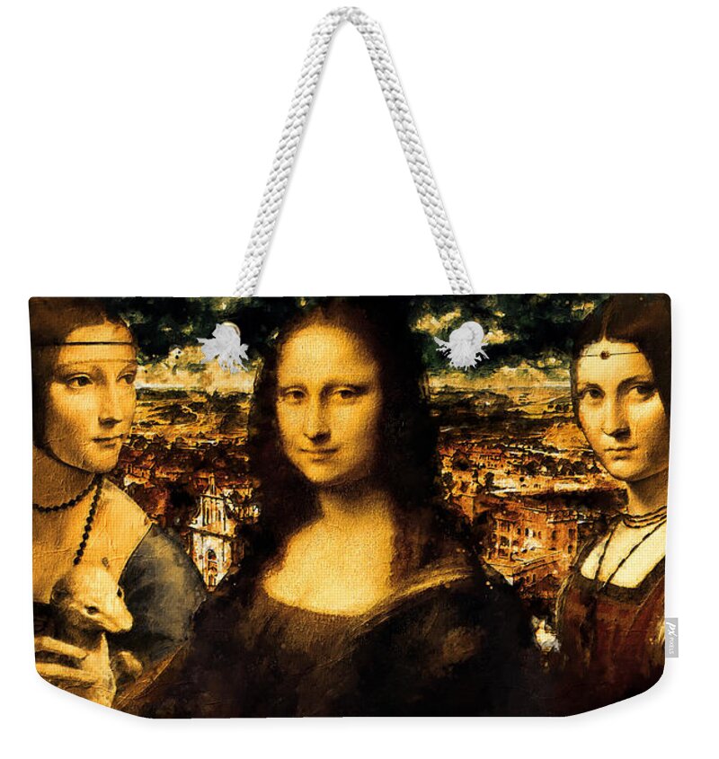 Lady With An Ermine Weekender Tote Bag featuring the digital art Lady with an Ermine, Mona Lisa, and La Belle Ferronniere - digital recreation by Nicko Prints