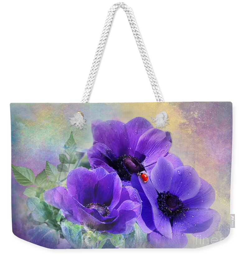 Anemone Weekender Tote Bag featuring the mixed media Ladybug on Anemone by Morag Bates