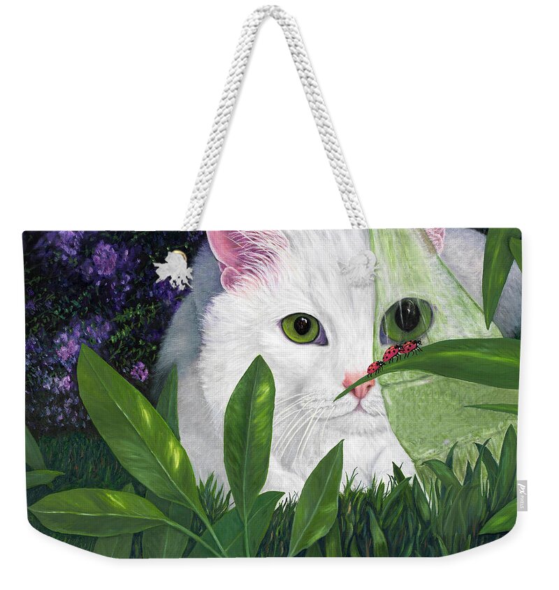 White Cat Art Weekender Tote Bag featuring the painting Ladybugs and Cat by Karen Zuk Rosenblatt