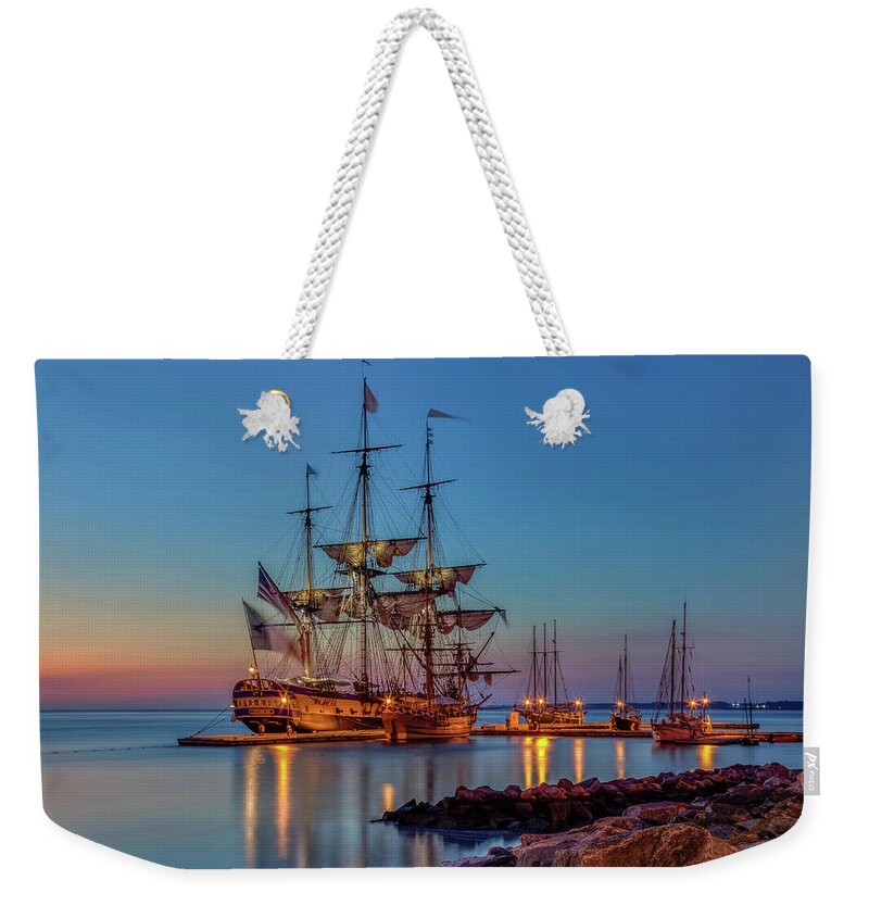 L'hermione Weekender Tote Bag featuring the photograph Lafayette's Hermione Voyage 2015 by Jerry Gammon