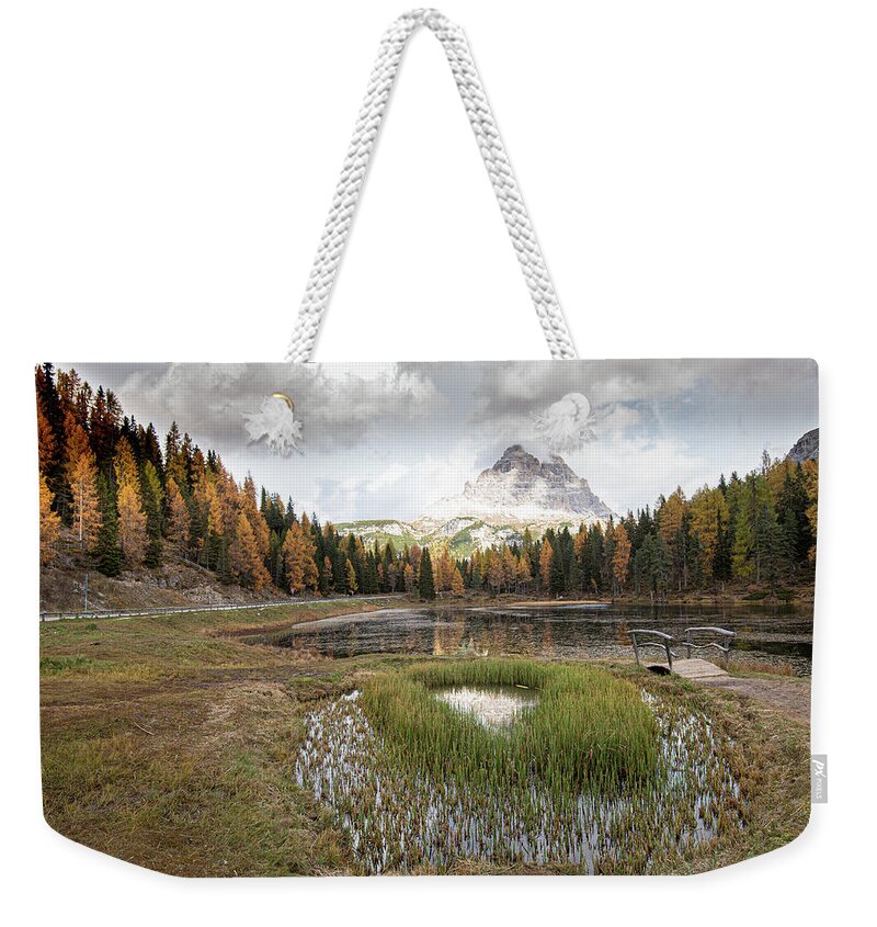 Lago Di Antorno Weekender Tote Bag featuring the photograph Lago di antorno lake and Tre cime di lavadero mountain reflection in autumn. Forest landscape South tyrol Italy by Michalakis Ppalis
