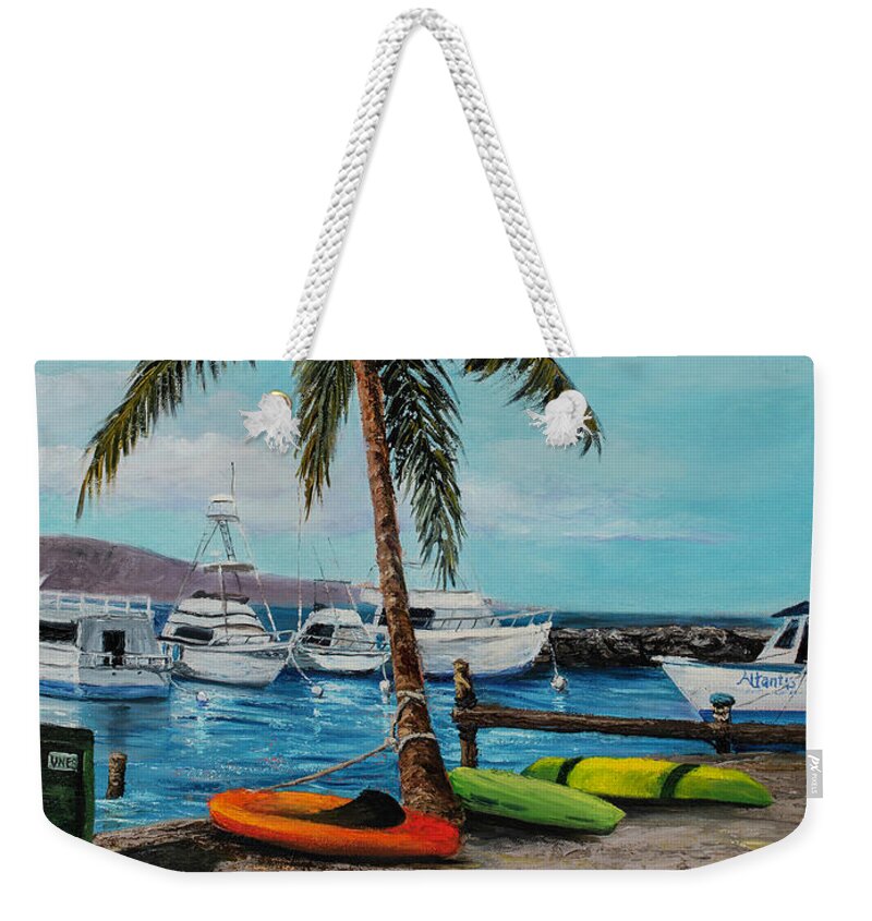 Hawaii Weekender Tote Bag featuring the painting Lahaina Harbor and Palm Tree by Darice Machel McGuire