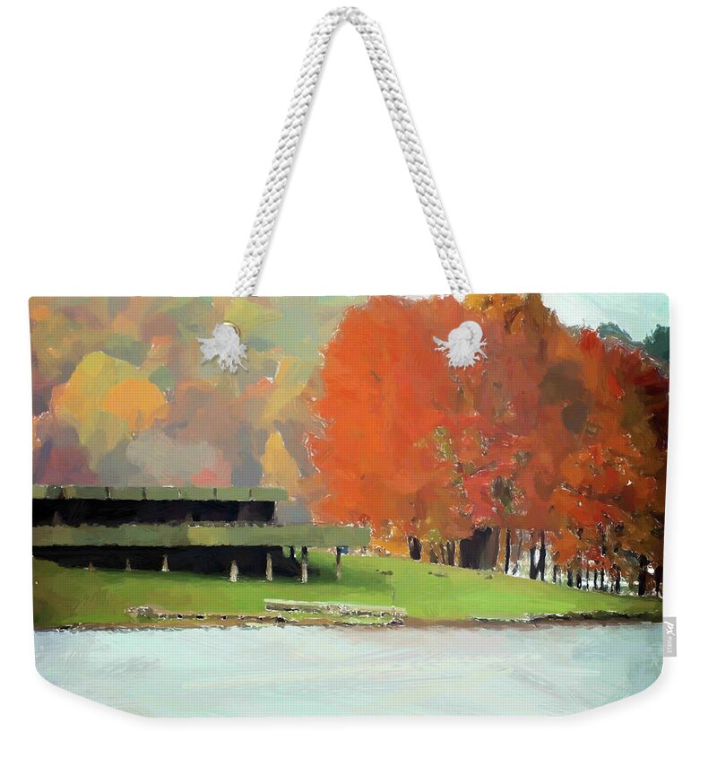 Lake Weekender Tote Bag featuring the mixed media Lake Arthur Shoreline by Christopher Reed