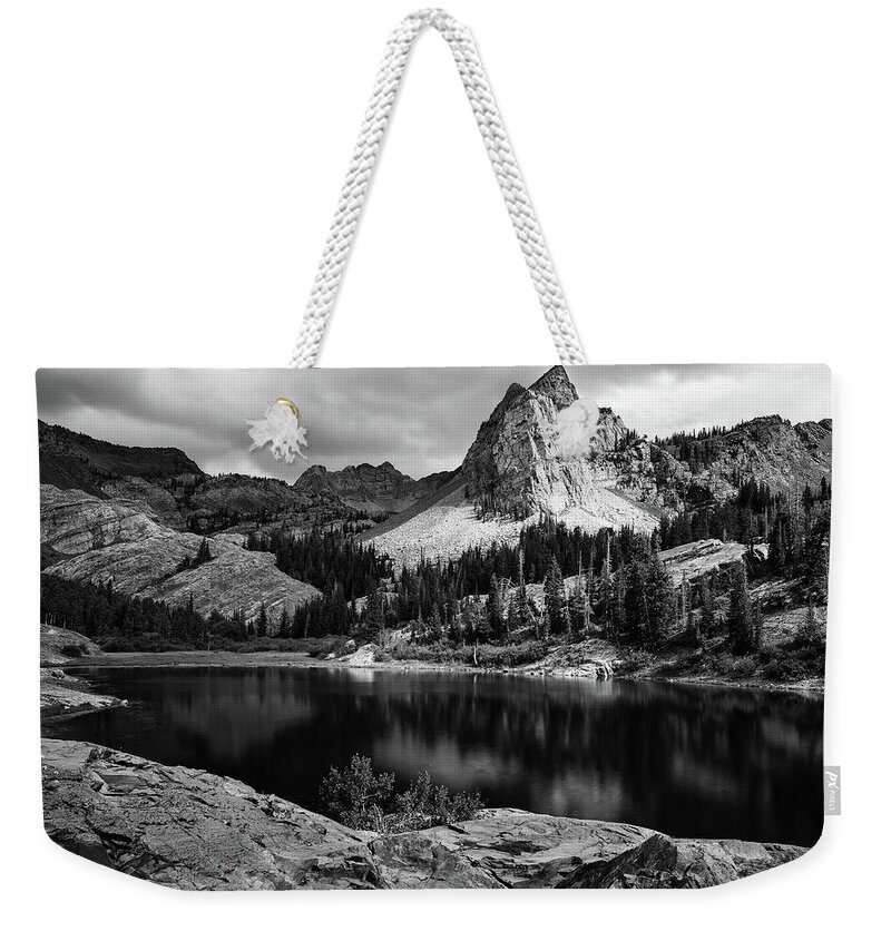 Utah Weekender Tote Bag featuring the photograph Lake Blanche and the Sundial Black and White - Big Cottonwood Canyon, Utah by Brett Pelletier