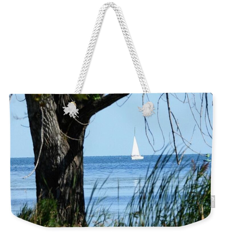 Boat Weekender Tote Bag featuring the photograph Lake Erie calm by Judy Stepanian