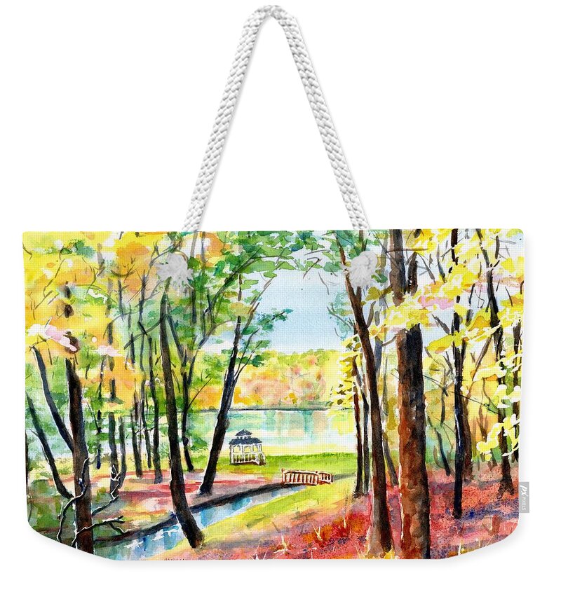 Autumn Weekender Tote Bag featuring the painting Lake Gazebo by Carlin Blahnik CarlinArtWatercolor