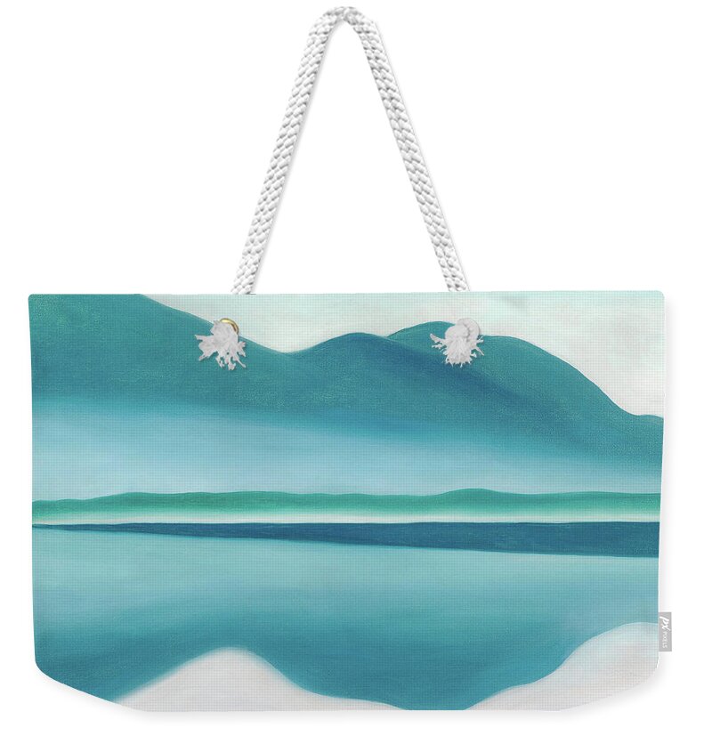 Georgia O'keeffe Weekender Tote Bag featuring the painting Lake George, reflection seascape - modernist landscape painting by Moira Risen