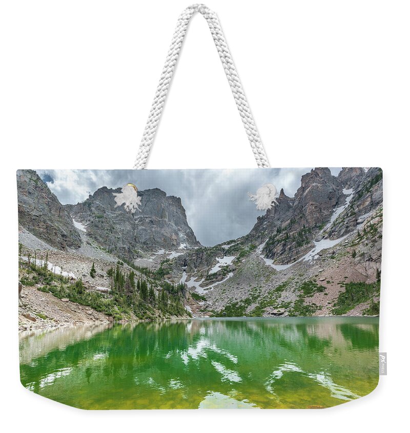 Green Weekender Tote Bag featuring the photograph Lake Haiyaha by Sebastian Musial