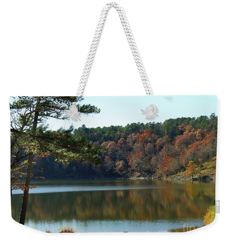 Lake Weekender Tote Bag featuring the photograph Fall Reflections by On da Raks